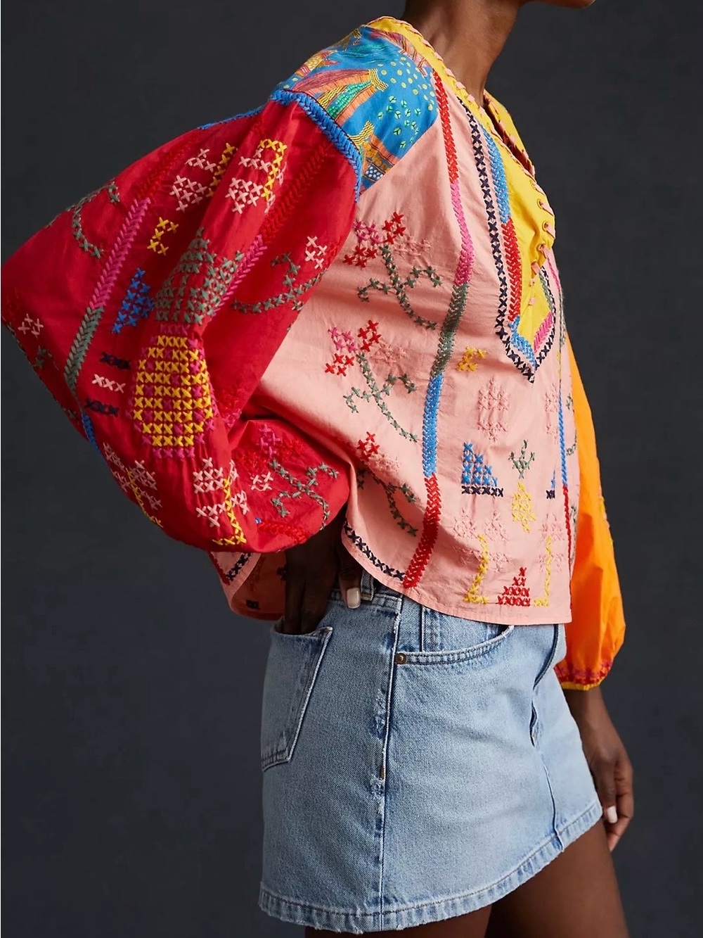 Farm Rio Embroidered Colorblock Blouse - Picture 5 of 6